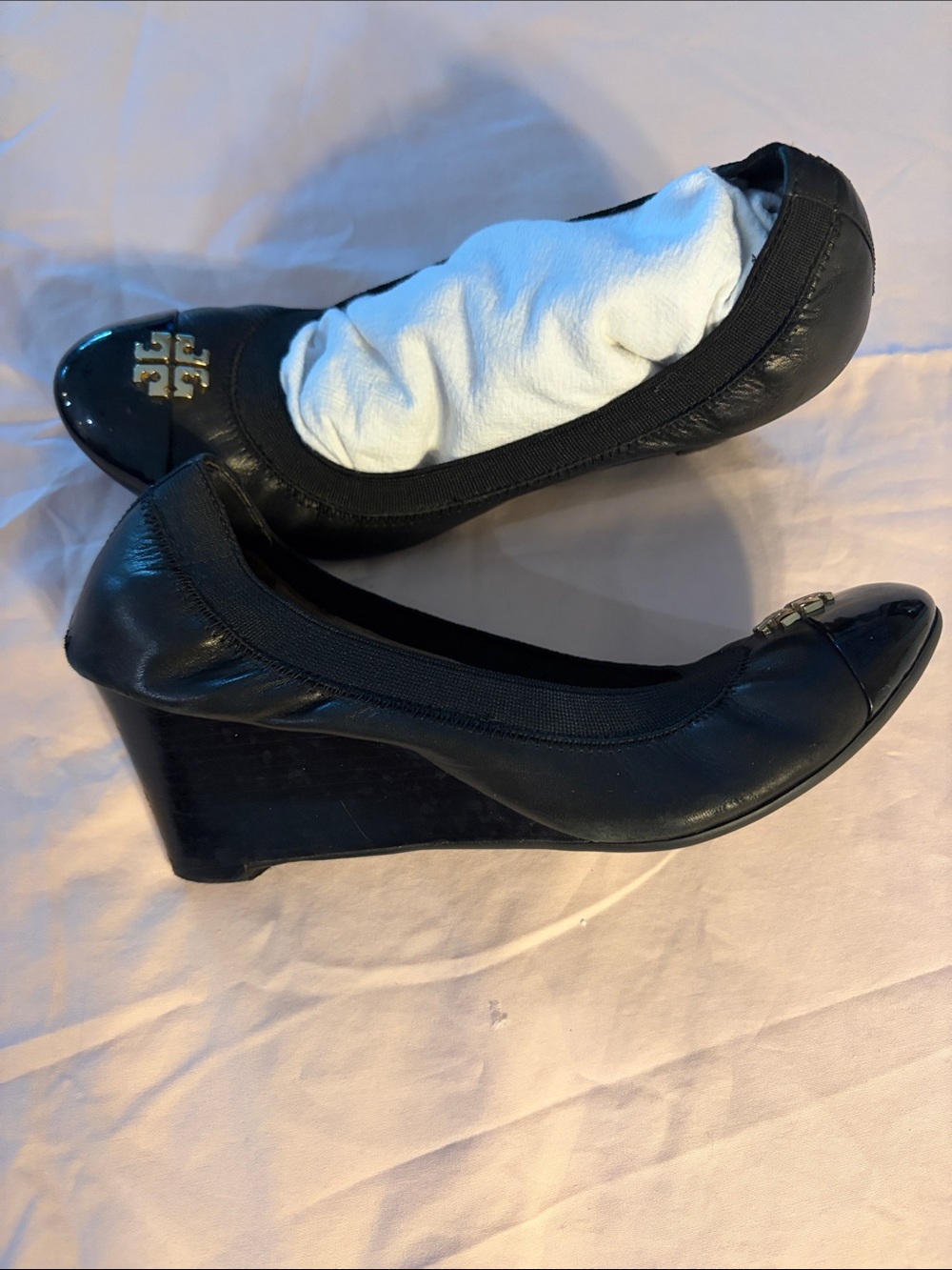 Tory Burch Black Leather Logo Wedge Flats